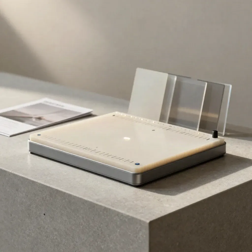 Pale resin KPI board hovering above a stone plinth in soft studio light.