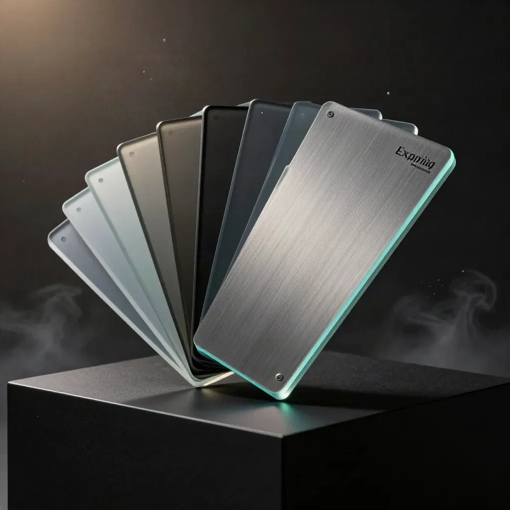 Fanned translucent trend tiles with a brushed-metal spine, cyan rim light, and dark studio haze.
