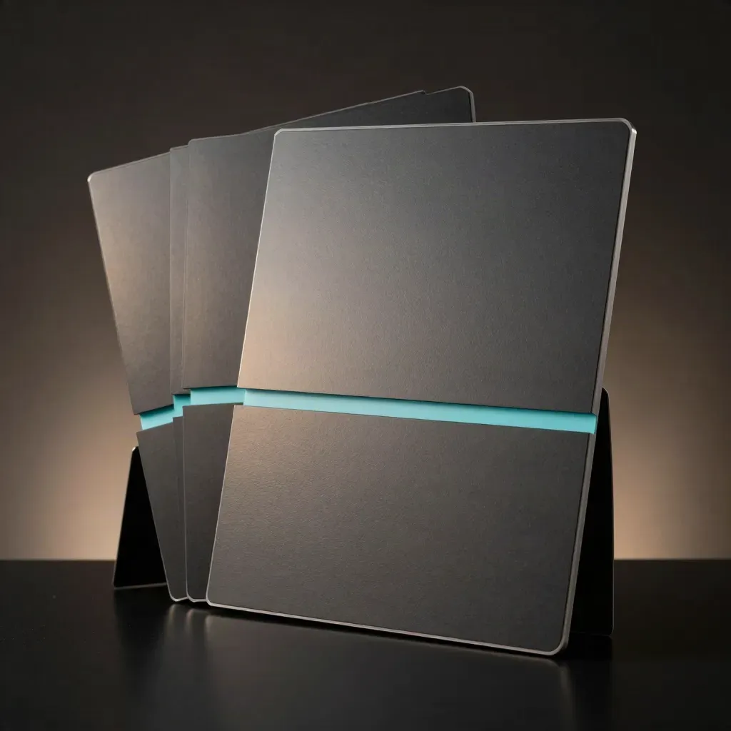 Three premium data boards fanning apart on a dark studio surface with cyan rim light.